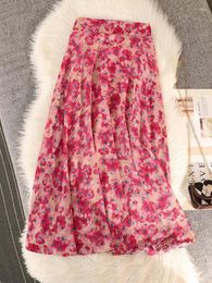 Skirts Vintage 2024 Women Summer Beach Holiday Elastic High Waist Pleated Skirt Pink Blue Floral Print Elegant Midi Sexy Club