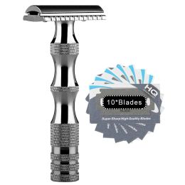 Blades Safety Razor, Aluminum Alloy Frosting Antiskidding Handle Double Edge Shaving Razor for Men Manual Shaving with 10pcs Blades