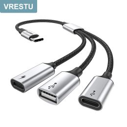 Hubs 3 in 1 USB C to Dual USB C Type C OTG Adapter Dock 3 Ports USB Data PD60W Charging HUB Splitter Cable for Macbook iPad Google TV
