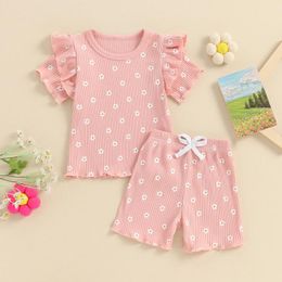 Clothing Sets Princess Floral Print Baby Girls Summer Clothes Kids Shorts Outfits Short Sleeve Ruffle Rib Tops