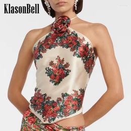 Women's Tanks 3.24 KlasonBell 2024 Fashion Floral Print Handmade Flower Halter Lace-up Camis For Women Sexy Backless Viscose Tank Top