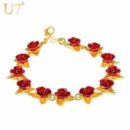 Strands U7 Elegant Bangle Rose Flower Charm Gold Colour Link Bracelet for Women Romantic Anniversary Jewellery Gift Idea