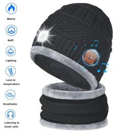 Earphones 4in1 Winter Wireless Bluetooth Headphones Outdoor Sports Warm Music Headset Hat with Scarf LED Light Stereo Earphones with MIC