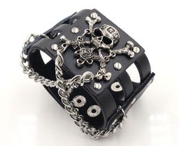 Unisex Rock Rivet Wide Cowhide Skull Bracelet Punk Leather Hollow Cuff Bangle Black Leather Dance Bracelet9028925