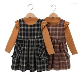 Clothing Sets Children's Autumn Winter Dress Set Girls' Checkered Tank Top Long SleeveT-shirt Strap Two Piece Set1-5Y