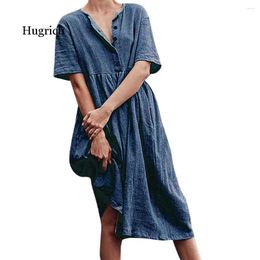 Party Dresses Women's Dress Solid Straight Mid-Calf Minimalist Autumn Button Short Sleeve Cotton And Linen Vestido