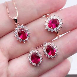 Necklaces 100% Real Ruby Ring Stud Earrings Pendant Necklace Ruby Jewelry Set S925 Sterling Silver For Women Bridal Wedding Engagement