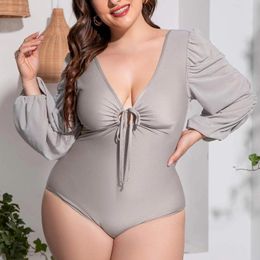 Women's Swimwear Woman Summertime Long Sleeve Sun Protective Splice Pleat Sexy Plus Size Bikini V Neck High Waisted Bottoms