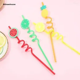 Drinking Straws F63A 4Pcs Cartoon Lime Pineapple Watermelon Plastic Spiral Children Use Birthday Party Bar Club Juice Wine