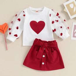 Clothing Sets Girl Clothes Autumn Long Sleeve Mesh Heart Print T-shirt With Skirt And Belt Fashion Kids Girls Suits Children 3pcs