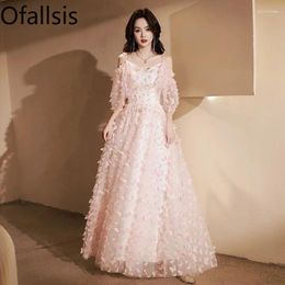Casual Dresses Ofallsis Pink V Neck Off Shoulder Evening Dress 2024 Autumn Strap Butterfly Flower Engagement Birthday Party Host