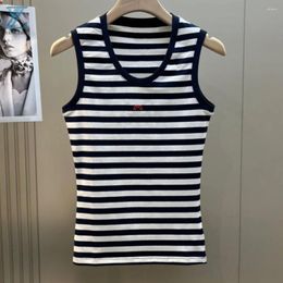 Women's Tanks Spring/Summer Navy Blue Stripe Knitted Embroidered Tank Top