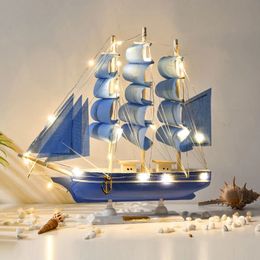 Creative Wooden Sailboat Model Marine Nautical Blue Sailing Boat Ship Wood Crafts Ornaments Party Room Home Decoration 240408