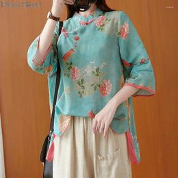 Women's T Shirts Cotton And Linen Tang Suit Autumn Chinese Style Print Loose Three-quarter Sleeve Service T-shirt