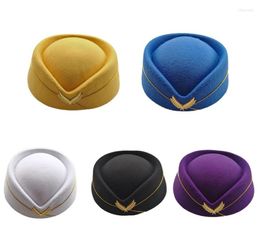 Berets Stewardess Air Hostesses Hat Women Imitation Wool Felt Cap Ladies Pillbox Hats With Gold Insignia Solid Beret Base Sweet Fe6136196