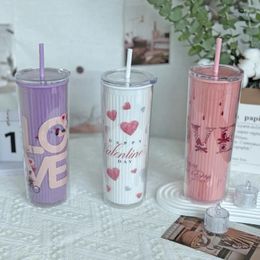 Water Bottles Vertical Pattern Straight Cup 24oz Couple Plastic Wholesale High-looking Double-layer Straw Creative Striped