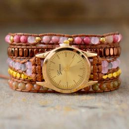 Strands Creative 5 Strand Fancy Pink Jasper Stones Crystal Quartz Watch Wrap Beaded Wristwatch Bracelet Women Sister Bohemia Jewellery