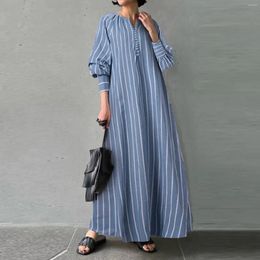 Casual Dresses Women Elegant Cotton And Linen Long Maxi Dress Fashion Striped Printed Round Neck Sleeved Pocket Simple Loose Swing Dresse