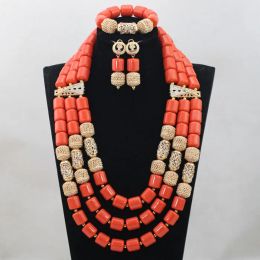 Strands 3 Layers African Artificial Coral Beads Necklace Earring Bracelet Jewellery Set Indian Women Costume Jewelry Set CNR834