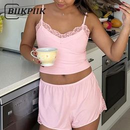 Women's Tracksuits BIIKPIIK Casual Lace Women Shorts Sets Sweet Loungewear Two Piece Suits Patchwork Camisole Elastic Waist Summer Outfits