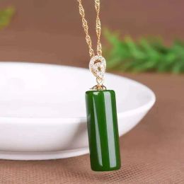 Necklaces Natural Green Jade Cylindrical Pendant Necklace Women Men Genuine Jades Stone Amulet Gifts For Ladies Fashion Charms Jewellery