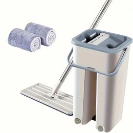 Flat Floor Mop Bucket Set With 2 Microfiber Pads Easy SelfWringing Cleaning Wet And Dry For Laminate 240408