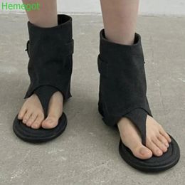 Casual Shoes Belt Buckle Summer Open Sandals 2024 Shallow Cover Heel Flat Short Boots Black/khaki Fashion Women Roman