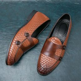 Casual Shoes British Style Woven Pattern Double Monk Strap For Men Luxury Handmade Leather Loafers Slip On Men's Flats Dress