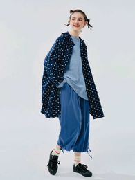 Spodnie damskie capris imakokoni oryginalny design elastyczna talia niebieska koronkowa czysto bawełniana swobodna luźne spodnie nóg dziewięć sezonowych spodni Y240422