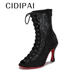 Dance Shoes CIDIPAI Female High Top Boots Ballroom Dancing Lace Mesh Latin Black Party Cuban Heel