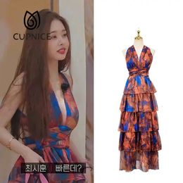 CUPNCIE Song Zhiya Single Is Hell Same Style Cascading Ruffles Dress Sleeveless V Neck Bodycon Summer Korean Fashion Dresses 240419