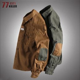 Long Sleeve Tactical Shirts Men Patch Cargo Shirt Cotton American Casual Vintage Tooling Jacket Outdoor Workwear Blusas 240407