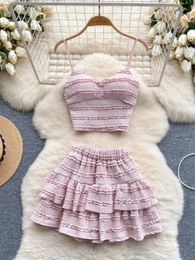 Korean Fashion Sweet 2 Piece Sets Womens Outfits Spaghetti Strap Tops Ruffles Tierred Mini Skirt Elastic Dress Set Dropship 240417