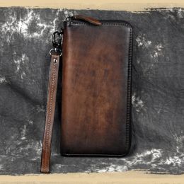 Wallets Crazy Horse Leather Long Wallet for Man Card Holder Big Zip Around Genuine Leather Cell Phone Clutch Purse Mens Business Wallet