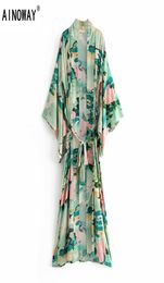 Boho Vintage green Crane Print Sashes Women bohemian V Neck batwing Sleeves happie Blouses robe Kimono Y2008282408604