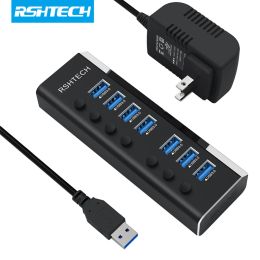 Hubs RSHTECH 7Port 24W USB 3.0 Hub with Individual Power Switches Includes 12V/2A Power Adapter 5Gbps USB Hub Splitter for MacBook