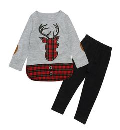 INS selling European and American Children Christmas Deer Clothing Cartoon deer Print T shirt stripe pants sets7807411