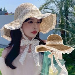 Wide Brim Hats Lace Straw Hat For Women Large Foldable Sun Korea Cute Girls Travel Beach Caps Summer Uv Protection Sunshade Visor Cap