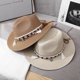 Ethnic style tassel straw hat for men and womens summer Panama sun Beach vacation Wide brim 240417