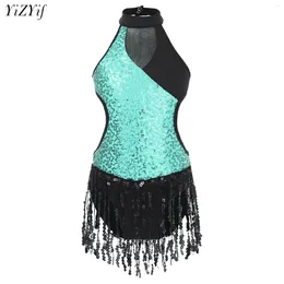 Stage Wear Kids Girls Leotard Latin Dance Performance Costume Sleeveless Sparkly Sequin Fringed Skirted Patchwork Cutout Bodysuit Dancewear