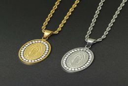 Fashion-Virgin Mary diamonds pendant necklace for men women Religious gold silver luxury pendants Stainless steel chains4814714