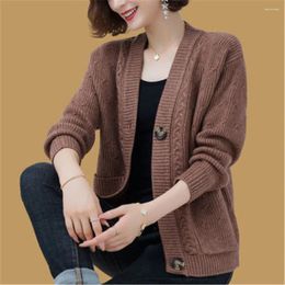 Women's Knits Women Korean Allmatch Slim Long Sleeve V-neck Sweater Casual Plus Size Kniting Tops Vintage Single Breasted Knitted Cardigan