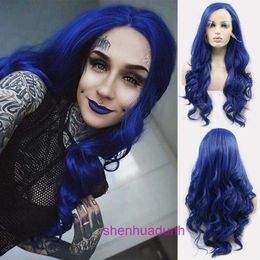 Designer human wigs hair for women Sylvia blue cosplay style large wave wig with synthetic fiber front lace free division full top headband