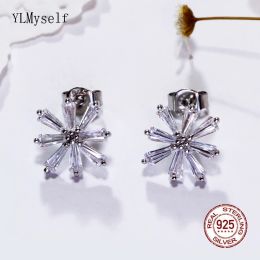 Earrings Pure 925 Silver Stud Earrings With Long Shape Shiny Cubic Zircon Flower Beautiful Fine Jewellery For Girl