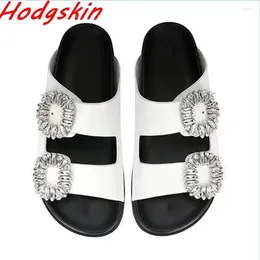 Slippers Summer Rhinestone Square Button Shiny Beach Shoes Open Toe One Word Belt Slip On Fashion Flat With Slides For Women