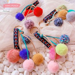 Wholesale Purse Bag Charm Decor Accessories Cute Colourful Puff Ring Pom Key Chains Custom Fluffy Pompoms Plush Keychain