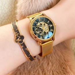 Kits Forsining Fashion Luxury Rose Golden Skeleton Women Mechanical Watch Roman Numerals Transparent Watches Stainless Steel Clock