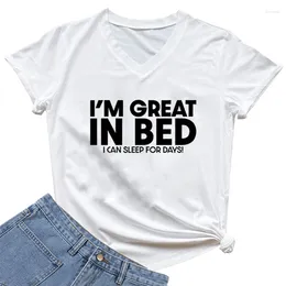 Women's T Shirts I'm Great In Bed Print Short Sleeve Humorous Shirt Summer Loose V-neck Top Hysterical Literature Female Tshirt