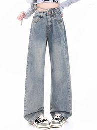 Women's Jeans Lace Up Design Vintage Blue Street Retro Style Casual Denim Pants Female High Waist Straight Trousers 4XL