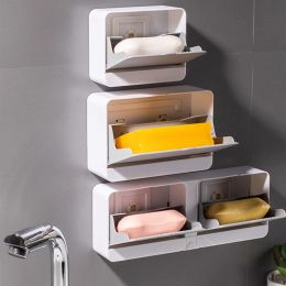 Dishes Creative Wall Mounted Soap Box With Lid Double Grids Soap Draining Rack Detachable Storage Box Bathroom Soap Holder